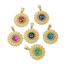 Brass Pendants Micro Pave Cubic Zirconia Pendants, with Enamel & Shell, Real 18K Gold Plated, Flower