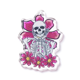 Halloween Printed Acrylic Pendants, Skeleton with Flower Char