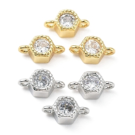Rack Plating Brass Pave Clear Cubic Zirconia Connector Charms, Long-Lasting Plated, Hexagon Links