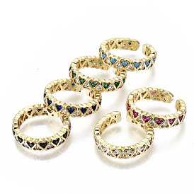 Brass Micro Pave Cubic Zirconia Cuff Rings, Open Rings, Real 18K Gold Plated, Nickel Free, Heart