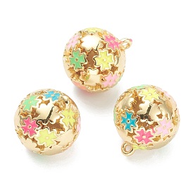 Brass Enamel Charms, Real 18K Gold Plated, Long-Lasting Plated, Round with Flower