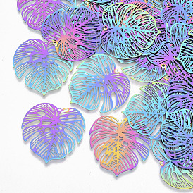 Ion Plating(IP) 201 Stainless Steel Filigree Pendants, Etched Metal Embellishments, Tropical Leaf Charms, Monstera Leaf