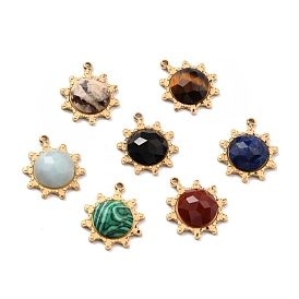 Natural Gemstone Pendants, with Ion Plating(IP) 304 Stainless Steel Findings, Real 24K Gold Plated, Faceted, Sun