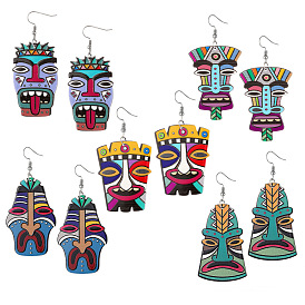 Bohemian Acrylic Painted Pharaoh Earrings Ethnic Hook Ear Jewelry Colorful Funny Tribal Accessory