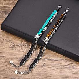 Многониточные браслеты из натурального тигрового глаза/синтетической бирюзы и натурального агата, с цепочкой для пшеницы из нержавеющей стали