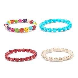 Synthetic Turquoise(Dyed) Skull Beaded Stretch Bracelet, Halloween Gemstone Jewelry for Kids