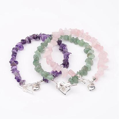 Natural Chip Gemstone Beaded Anklets, with Alloy Bar & Ring Toggle Clasps, 230mm