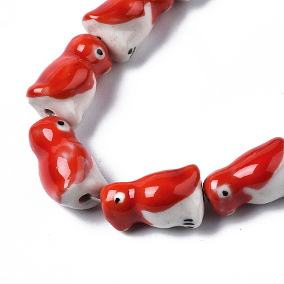 Handmade Porcelain Ceramic Beads Strands, Famille Rose Style, Penguin