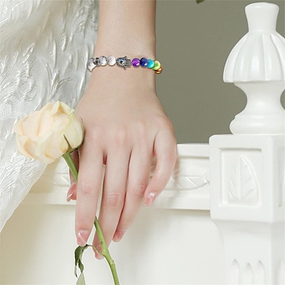 Boho Evil Eye Bracelet with White Turquoise and Fatima Hand Charm - Natural Stone Yoga Jewelry