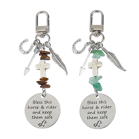 2шт. натуральный зеленый авантюрин, тигровый глаз, синтетическая бирюза и украшения из сплава, с поворотными застежками сплава, плоский круглый крест