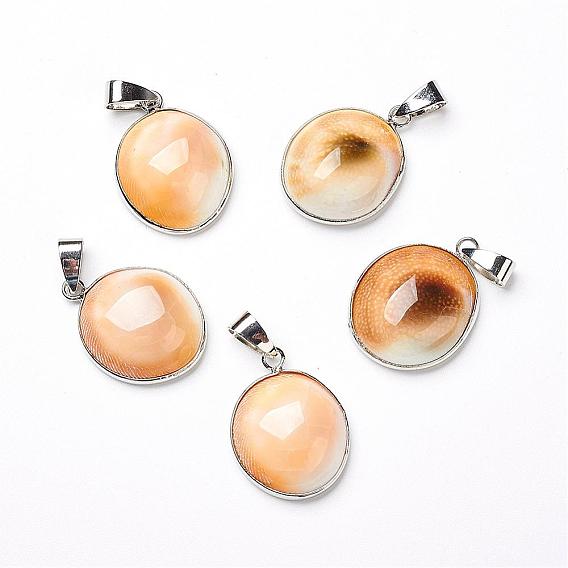 Shell Pendants, with Platinum Tone Brass Findings, Oval