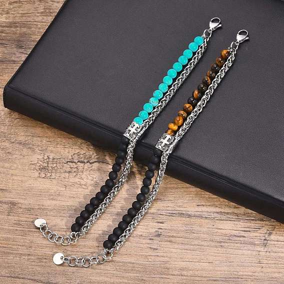 Многониточные браслеты из натурального тигрового глаза/синтетической бирюзы и натурального агата, с цепочкой для пшеницы из нержавеющей стали