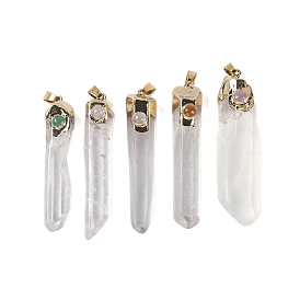 Natural Quartz Crystal Big Pendants with Mixed Stone, Rock Crystal Prism Charms with Golden Tone Metal Snap on Bails