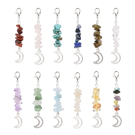 12 piezas 12 estilos de chips de piedras mixtas naturales y sintéticas y decoraciones colgantes de luna de aleación, con aleación de zinc hebillas de pinza de langosta