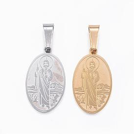 Ion Plating(IP) 304 Stainless Steel Pendants, Flat Oval with Saint Jude