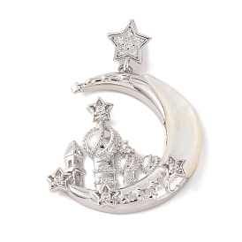 Rhodium Plated 925 Sterling Silver Pave Natural Shell Pendants, Clear Cubic Zirconia Crescent Moon Castle Charms