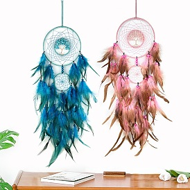 Iron & Gemstone Chips Pendant Hanging Decoration, Woven Net/Web with Feather Wall Hanging Wall Decor