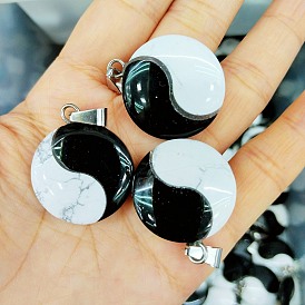 Natural Obsidian & Howlite Pendants, Yin-yang Charms with Platinum Tone Alloy Snap on Bails