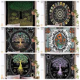 Olyester arbre de vie/champignon/motif papillon tapisserie tenture murale trippy, tapisserie hippie de lune de soleil pour la décoration de salon de chambre à coucher, rectangle