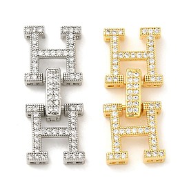 Rack Plating Brass Micro Pave Clear Cubic Zirconia Fold Over Clasps, Long-Lasting Plated, Letter H