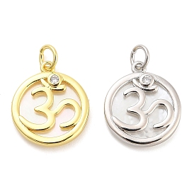 Латунные подвески из микропаве из циркония с раковиной, плоский круглый с символом ом, долговечный, стойки покрытие, без свинца и без кадмия, ионное покрытие (ip), с целью перехода в кольце