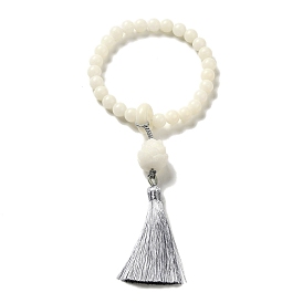 White Jade Bodhi Root Round Beaded Stretch Bracelet, with Lotus & Tassel Pendants