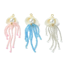 3Pcs 3 Colors Natural Clam Shell & Glass Pearl & Glass Seed Beaded Big Pendants, Jellyfish Charms