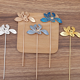 Alloy Hair Stick Findings, Rhinestones Settings, with Iron Pins, Flower