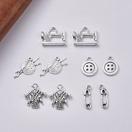 Sewing Theme, Tibetan Style Zinc Alloy Pendants, Sweater, Yarn, Sewing Machine, 4-Hole Button, Safety-pin