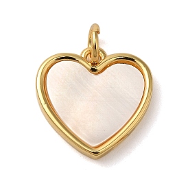 Rack Plating Brass Pave Shell Heart Charms with Jump Rings, Long-Lasting Plated