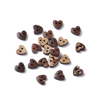 Coconut Buttons, Carved 2-hole Basic Sewing Button, Heart, 10x10mm, Hole: 1mm