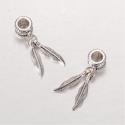 Leaf Alloy European Dangle Large Hole Pendants, 28mm, Hole: 4.5mm