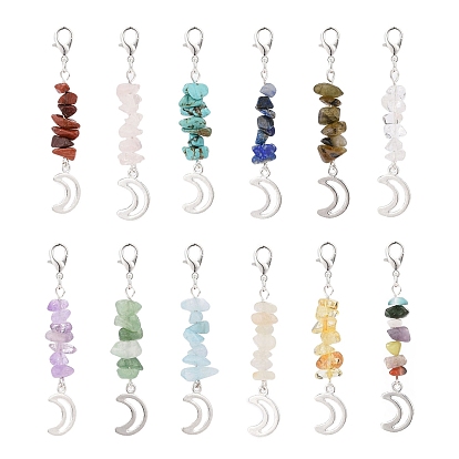 12 piezas 12 estilos de chips de piedras mixtas naturales y sintéticas y decoraciones colgantes de luna de aleación, con aleación de zinc hebillas de pinza de langosta