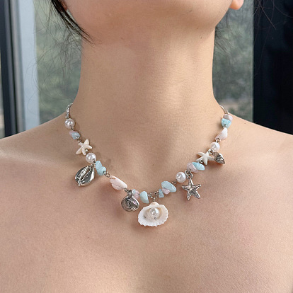 Женские ожерелья из натуральных ракушек, смолы и искусственного жемчуга с подвеской из сплава