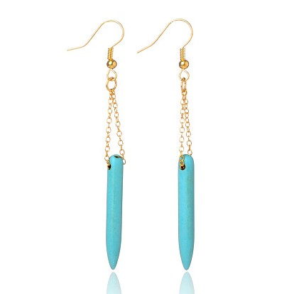 Dyed Howlite Pendant Earrings, Tusk Shape, with Brass Chains and Earring Hooks, Golden, 55mm, Pin:0.5mm