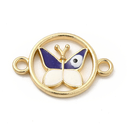 Alloy Enamel Connector Charms, Flat Round Links with Evil Eye Butterfly, Midnight Blue, Nickel