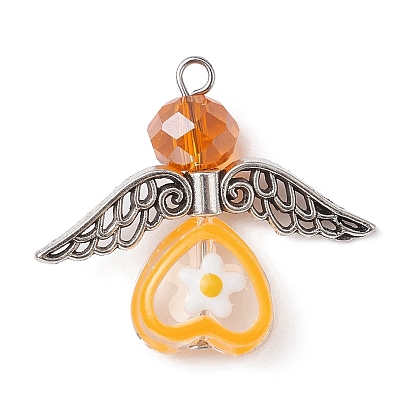 Glass Heart with Tibetan Style Alloy Wings Pendant, with 304 Stainless Steel Loops, Fairy Charms