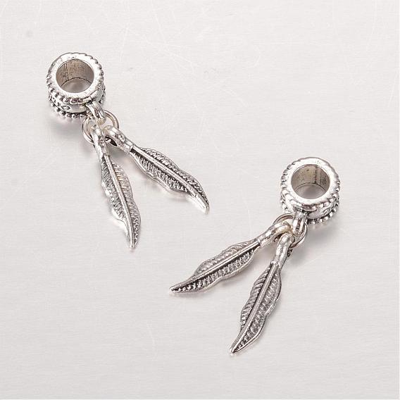 Leaf Alloy European Dangle Large Hole Pendants, 28mm, Hole: 4.5mm