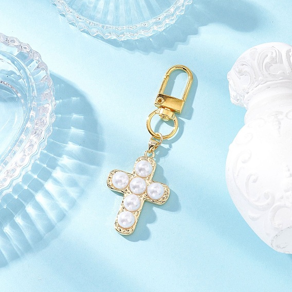 Подвеска с крестом из латуни и бусинами из искусственного жемчуга, с поворотными застежками сплава