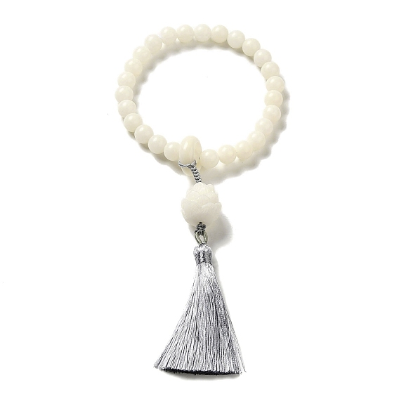 White Jade Bodhi Root Round Beaded Stretch Bracelet, with Lotus & Tassel Pendants