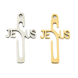 Ion Plating(IP) 201 Stainless Steel Pendants, Cross with Word Jesus Charm, Laser Cut, Religion