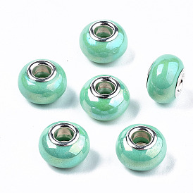 Cmолы европейские шарики, бусины с большим отверстием, имитация фарфора, с латунным сердечником с платиновым покрытием, с покрытием AB цвета, рондель