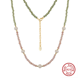 Natural Freshwater Pearl & 925 Sterling Silver Beaded Necklaces for Women, Round Natural Pink Opal & Natural Peridot Beaded Necklaces