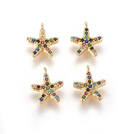 Golden Tone Brass Micro Pave Cubic Zirconia Charms, Starfish/Sea Stars