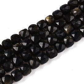 Natural Golden Sheen Obsidian Beads Strands, Faceted, Cube