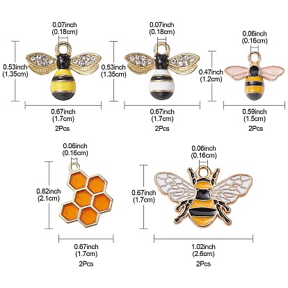 10Pcs 5 Styles Alloy Enamel Pendants, with Crystal Rhinestone, Bees & Honeycomb