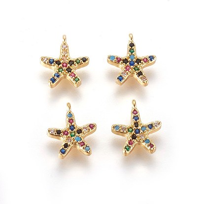 Golden Tone Brass Micro Pave Cubic Zirconia Charms, Starfish/Sea Stars