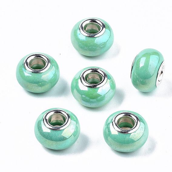 Cmолы европейские шарики, бусины с большим отверстием, имитация фарфора, с латунным сердечником с платиновым покрытием, с покрытием AB цвета, рондель