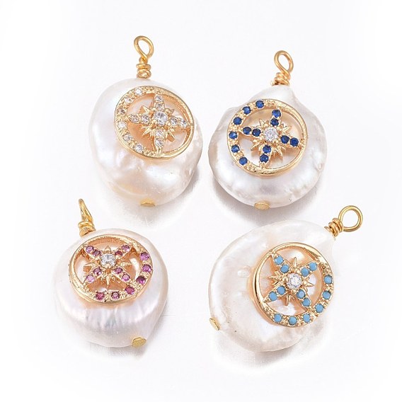 Natural Cultured Freshwater Pearl Pendants, with Brass Cubic Zirconia Findings, Nuggets with Flat Round and Star, Golden