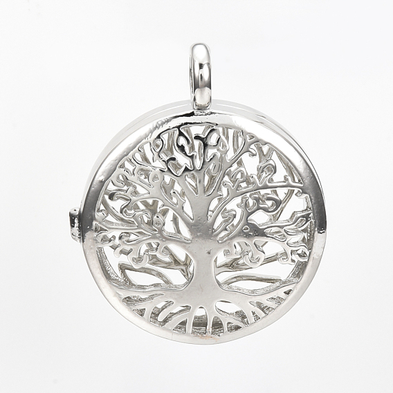 Brass Locket Pendants, Cage Pendants, Hollow, Flat Round with Tree of Life